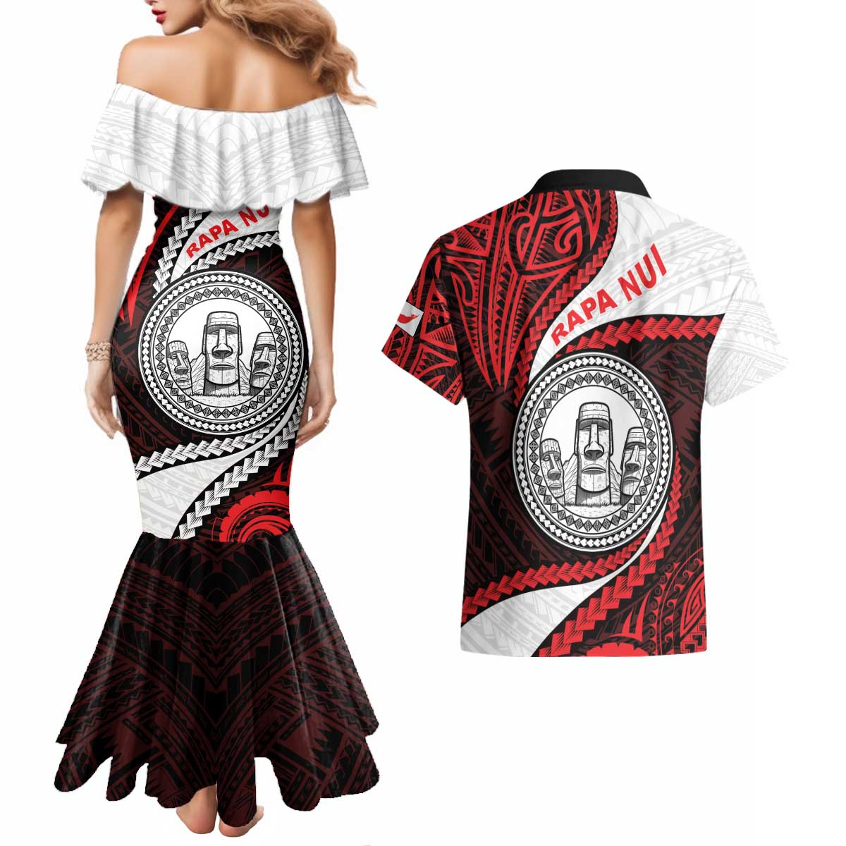 Easter Island Couples Matching Mermaid Dress and Hawaiian Shirt Moai Statues Polynesian Style LT05 - Polynesian Pride