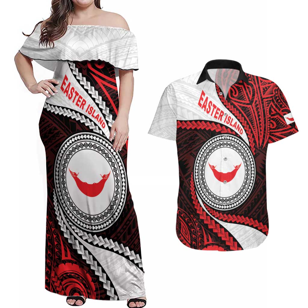 Easter Island Couples Matching Off Shoulder Maxi Dress and Hawaiian Shirt Moai Statues Polynesian Style LT05 Red - Polynesian Pride