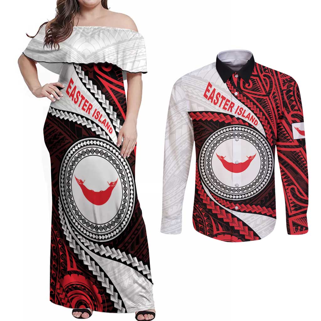 Easter Island Couples Matching Off Shoulder Maxi Dress and Long Sleeve Button Shirt Moai Statues Polynesian Style