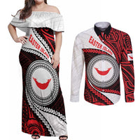 Easter Island Couples Matching Off Shoulder Maxi Dress and Long Sleeve Button Shirt Moai Statues Polynesian Style