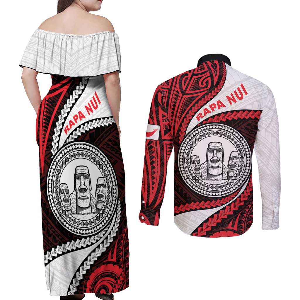 Easter Island Couples Matching Off Shoulder Maxi Dress and Long Sleeve Button Shirt Moai Statues Polynesian Style