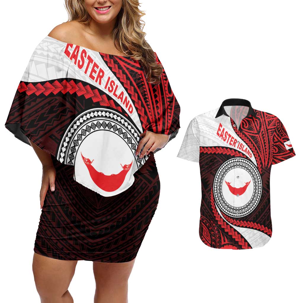 Easter Island Couples Matching Off Shoulder Short Dress and Hawaiian Shirt Moai Statues Polynesian Style LT05 Red - Polynesian Pride