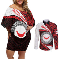 Easter Island Couples Matching Off Shoulder Short Dress and Long Sleeve Button Shirt Moai Statues Polynesian Style LT05 Red - Polynesian Pride
