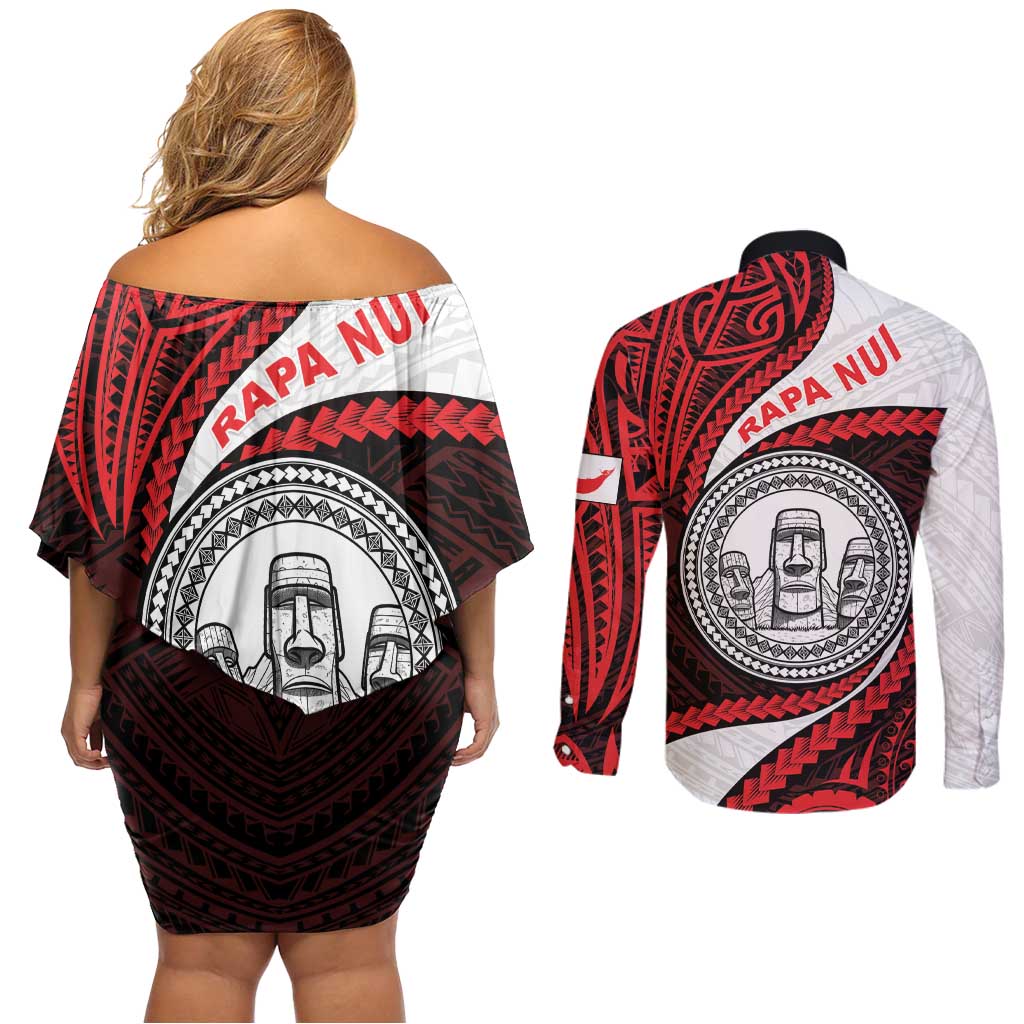 Easter Island Couples Matching Off Shoulder Short Dress and Long Sleeve Button Shirt Moai Statues Polynesian Style LT05 - Polynesian Pride