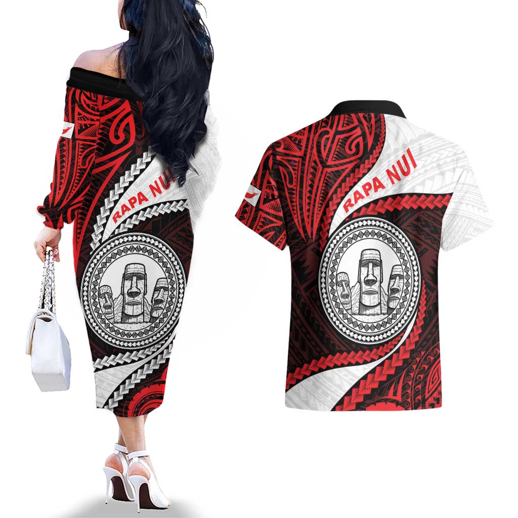 Easter Island Couples Matching Off The Shoulder Long Sleeve Dress and Hawaiian Shirt Moai Statues Polynesian Style LT05 - Polynesian Pride