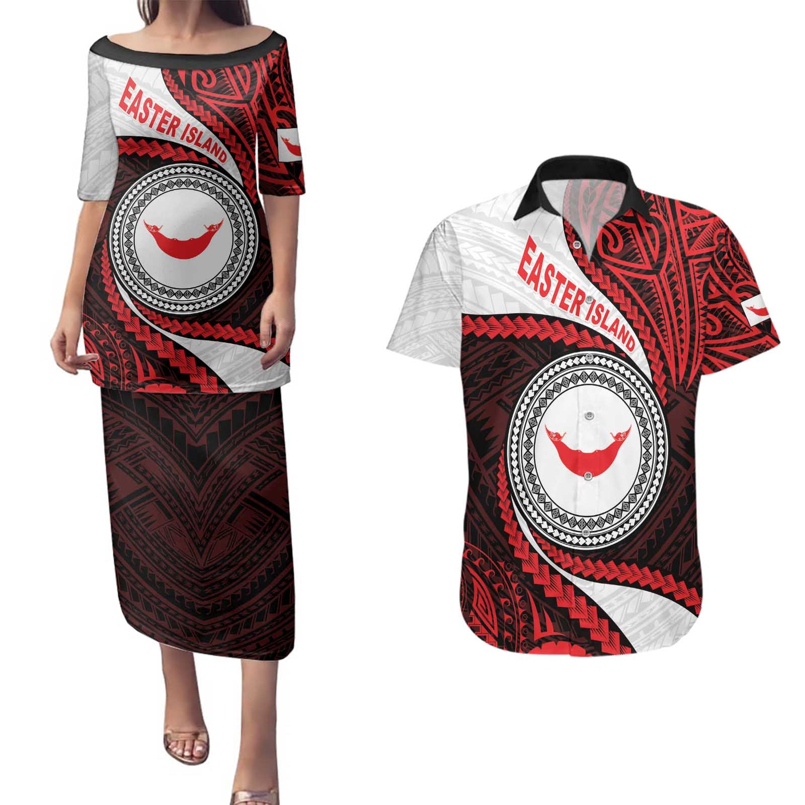 Easter Island Couples Matching Puletasi and Hawaiian Shirt Moai Statues Polynesian Style LT05 Red - Polynesian Pride