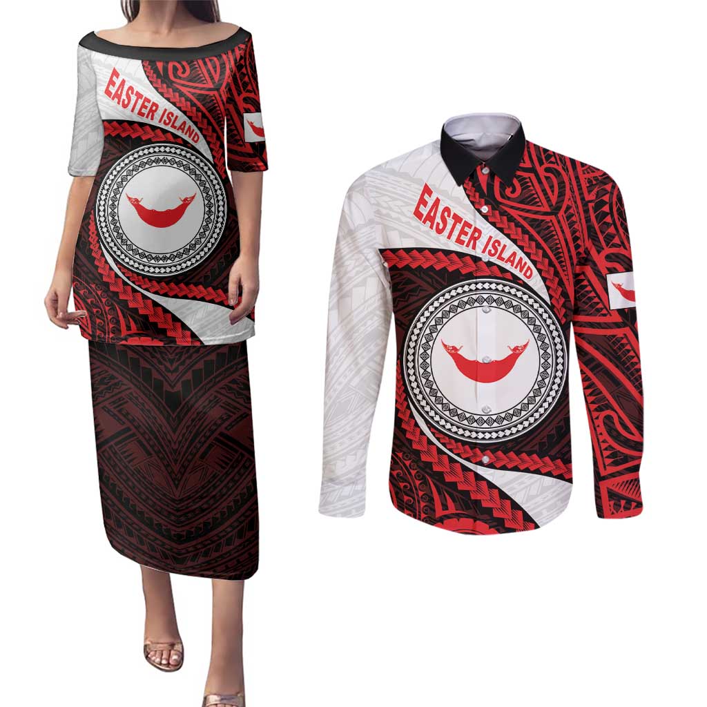 Easter Island Couples Matching Puletasi and Long Sleeve Button Shirt Moai Statues Polynesian Style LT05 Red - Polynesian Pride
