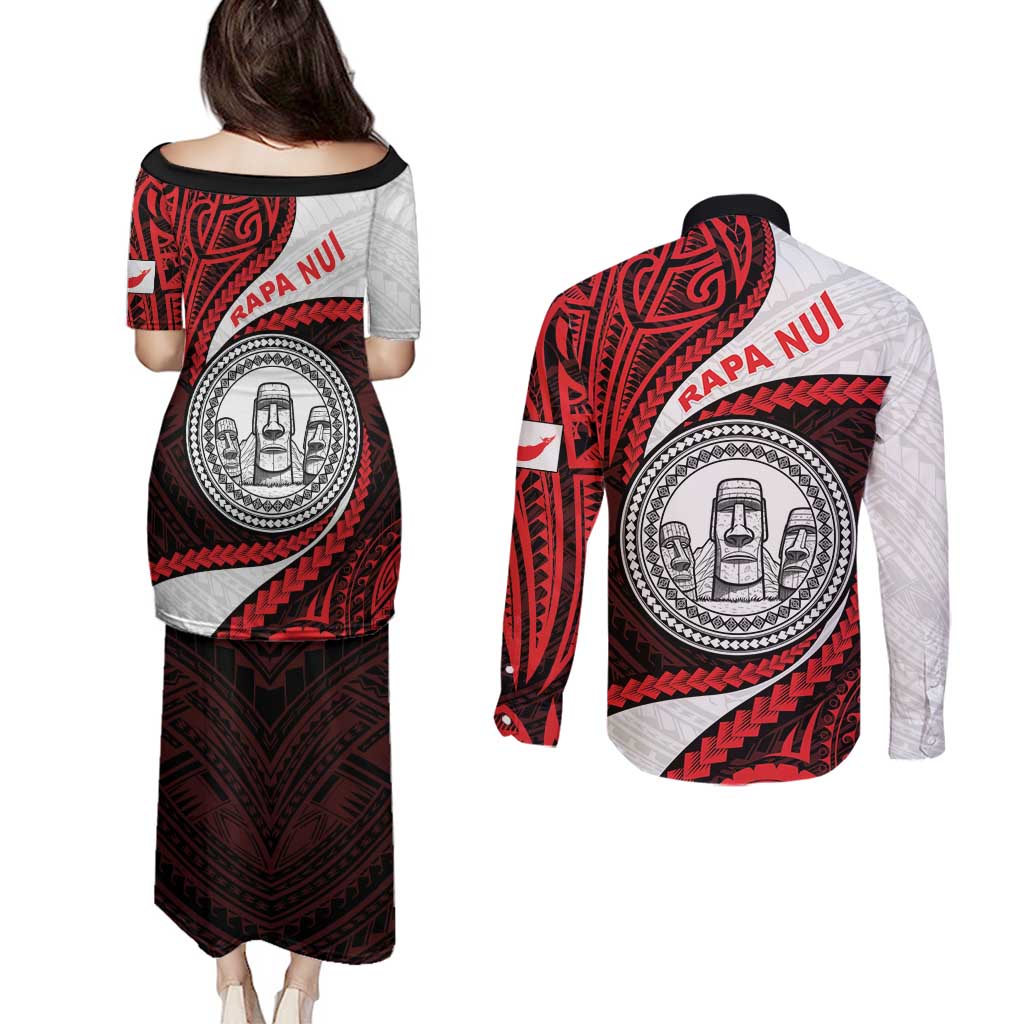 Easter Island Couples Matching Puletasi and Long Sleeve Button Shirt Moai Statues Polynesian Style LT05 - Polynesian Pride