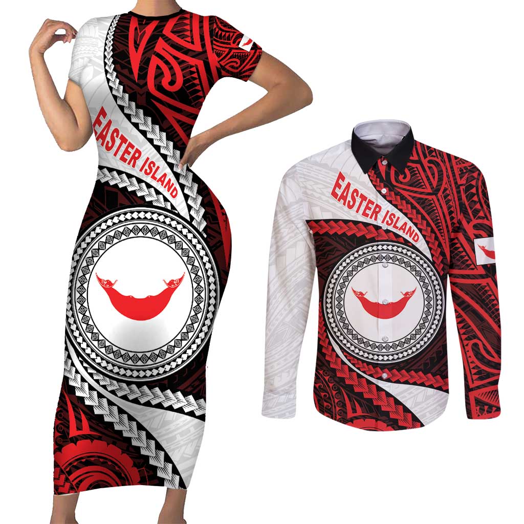 Easter Island Couples Matching Short Sleeve Bodycon Dress and Long Sleeve Button Shirt Moai Statues Polynesian Style LT05 Red - Polynesian Pride