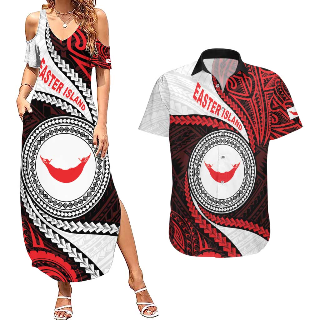 Easter Island Couples Matching Summer Maxi Dress and Hawaiian Shirt Moai Statues Polynesian Style LT05 Red - Polynesian Pride