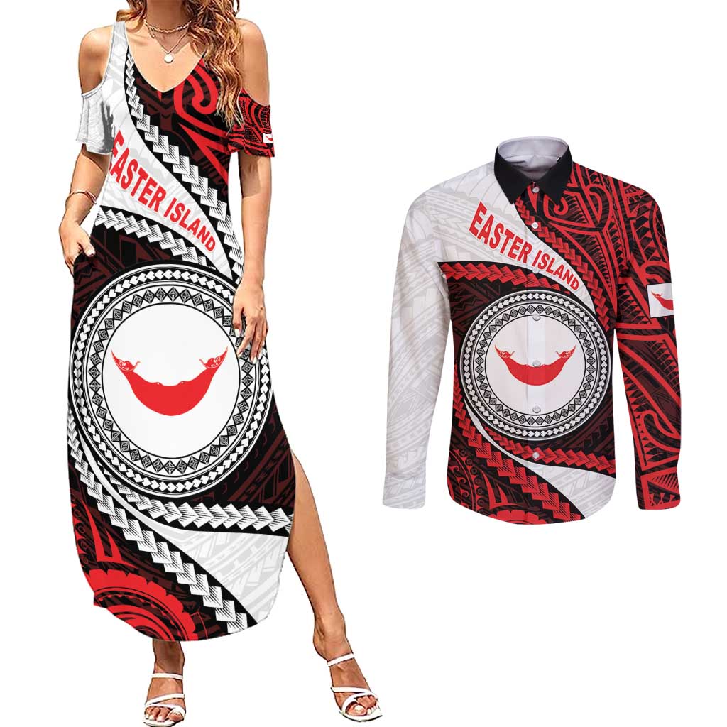 Easter Island Couples Matching Summer Maxi Dress and Long Sleeve Button Shirt Moai Statues Polynesian Style LT05 Red - Polynesian Pride