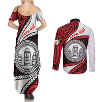 Easter Island Couples Matching Summer Maxi Dress and Long Sleeve Button Shirt Moai Statues Polynesian Style LT05 - Polynesian Pride
