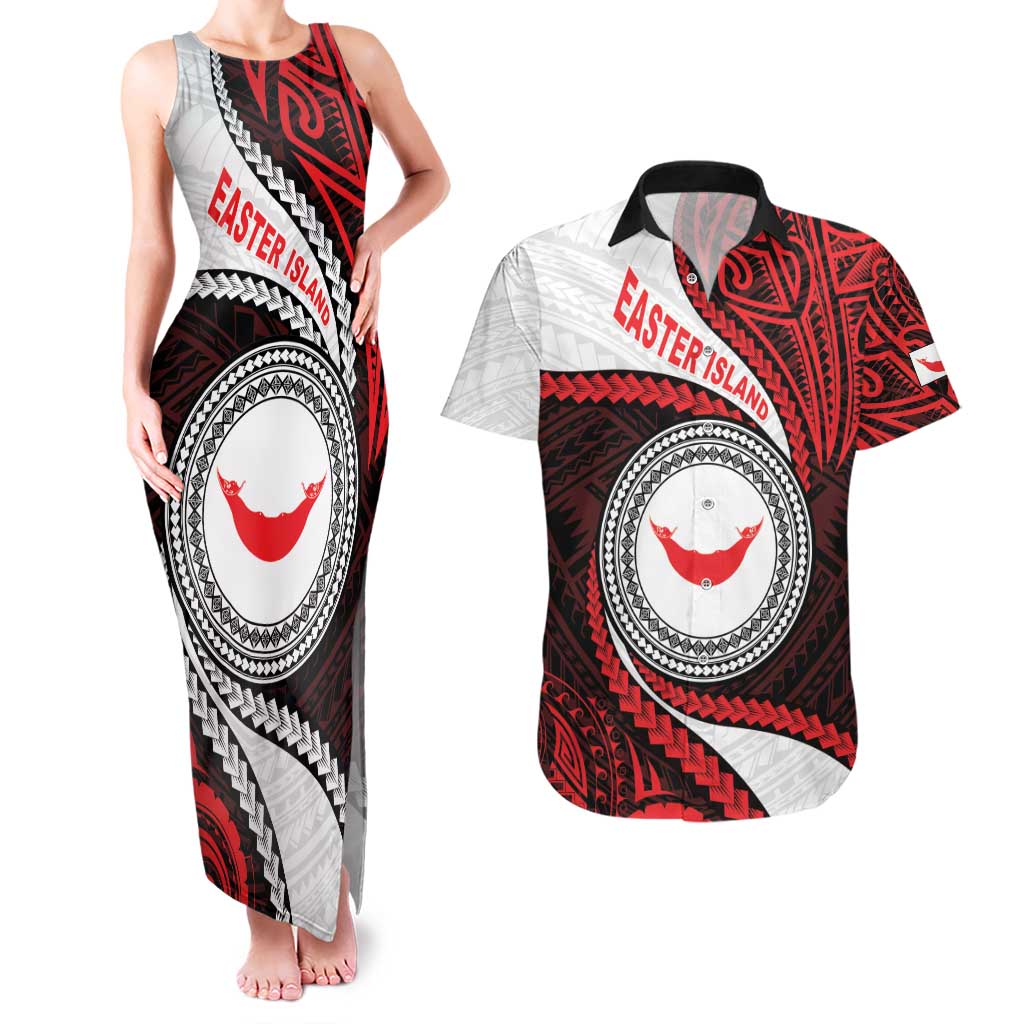 Easter Island Couples Matching Tank Maxi Dress and Hawaiian Shirt Moai Statues Polynesian Style LT05 Red - Polynesian Pride