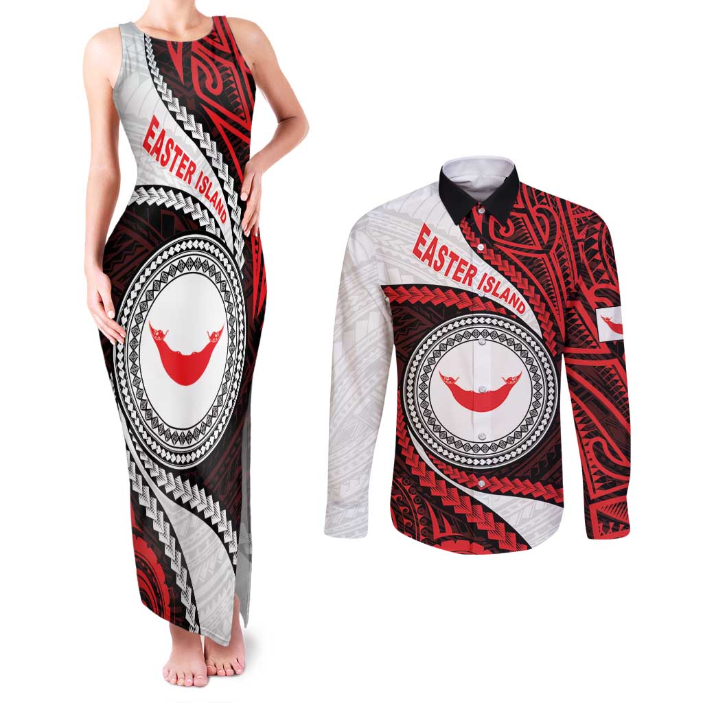 Easter Island Couples Matching Tank Maxi Dress and Long Sleeve Button Shirt Moai Statues Polynesian Style LT05 Red - Polynesian Pride