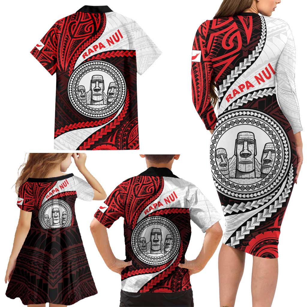 Easter Island Family Matching Long Sleeve Bodycon Dress and Hawaiian Shirt Moai Statues Polynesian Style