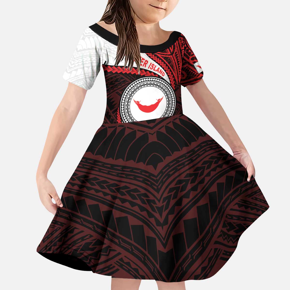 Easter Island Kid Short Sleeve Dress Moai Statues Polynesian Style LT05 KID Red - Polynesian Pride
