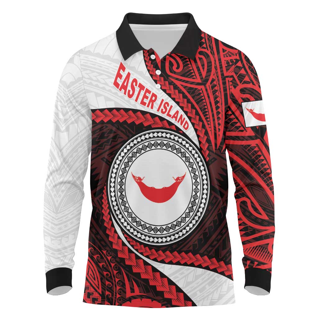 Easter Island Long Sleeve Polo Shirt Moai Statues Polynesian Style