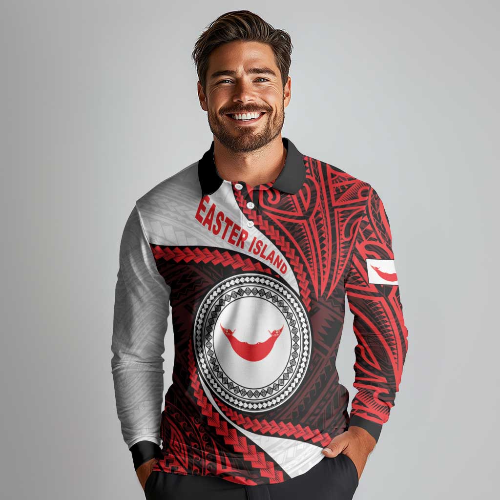 Easter Island Long Sleeve Polo Shirt Moai Statues Polynesian Style