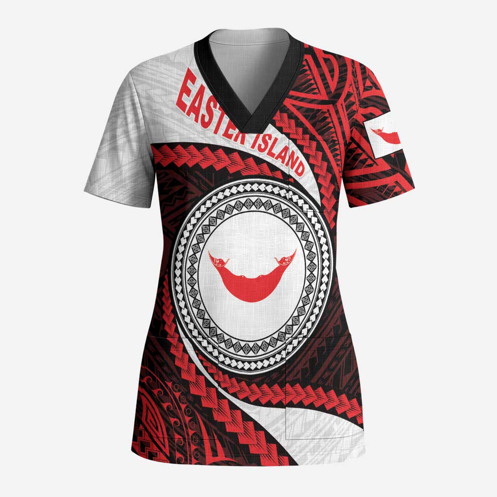 Easter Island Scrub Top Moai Statues Polynesian Style LT05 Adult Red - Polynesian Pride