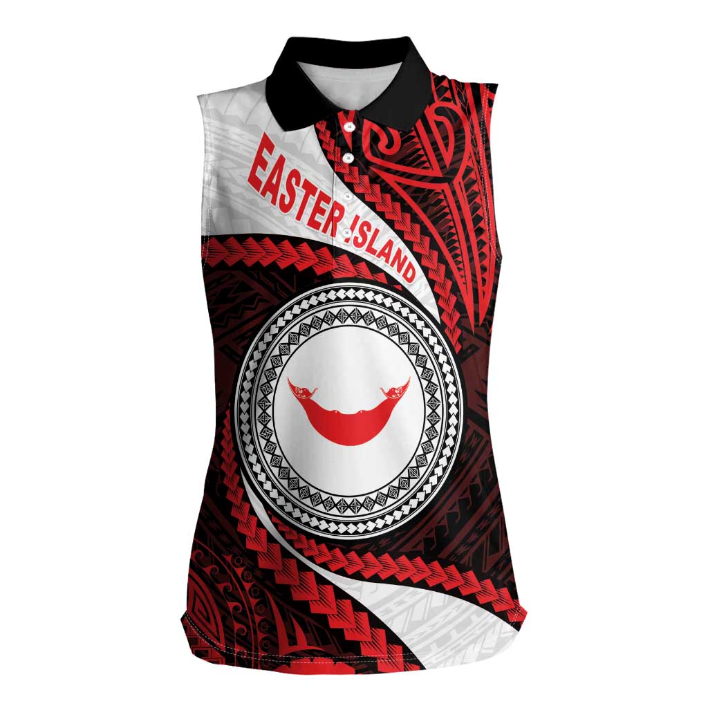 Easter Island Women Sleeveless Polo Shirt Moai Statues Polynesian Style
