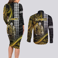 Hawaii Kuhio The Citizen Prince Couples Matching Long Sleeve Bodycon Dress and Long Sleeve Button Shirt Gold Polynesian Tribal Tattoo