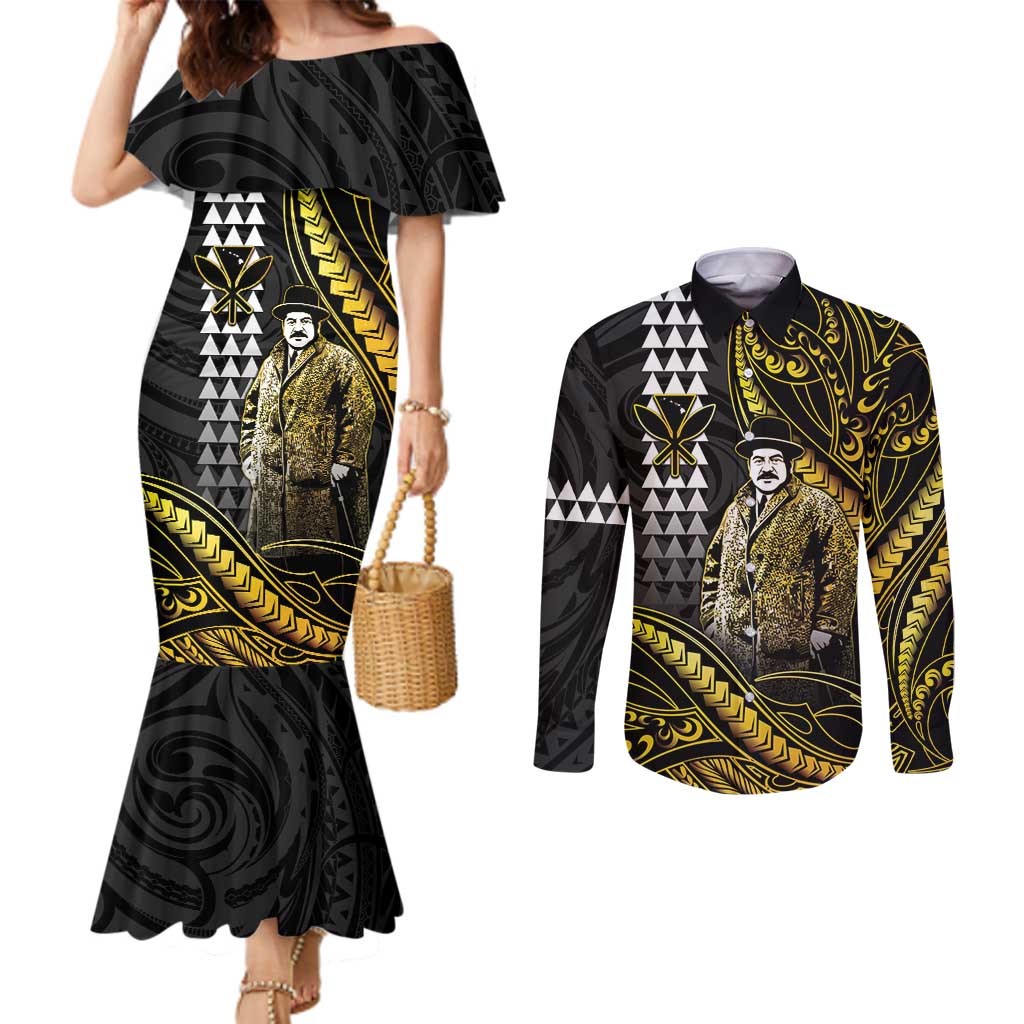 Hawaii Kuhio The Citizen Prince Couples Matching Mermaid Dress and Long Sleeve Button Shirt Gold Polynesian Tribal Tattoo LT05 Gold - Polynesian Pride