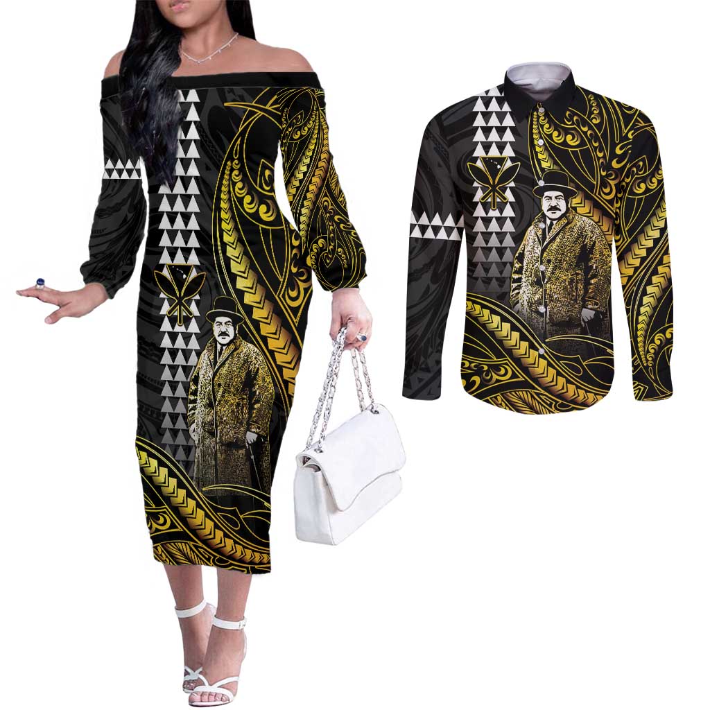 Hawaii Kuhio The Citizen Prince Couples Matching Off The Shoulder Long Sleeve Dress and Long Sleeve Button Shirt Gold Polynesian Tribal Tattoo