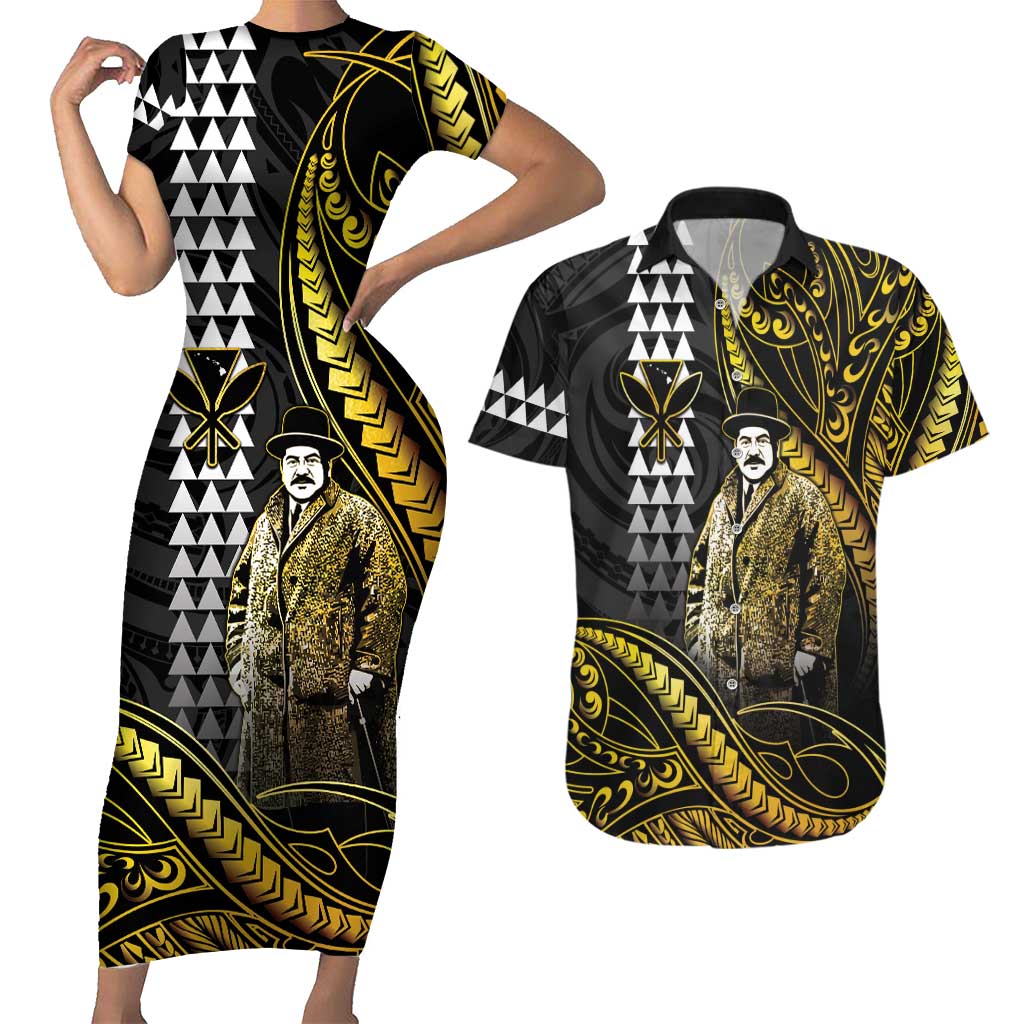 Hawaii Kuhio The Citizen Prince Couples Matching Short Sleeve Bodycon Dress and Hawaiian Shirt Gold Polynesian Tribal Tattoo