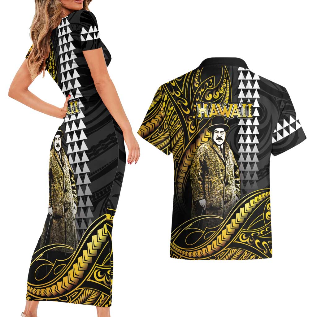 Hawaii Kuhio The Citizen Prince Couples Matching Short Sleeve Bodycon Dress and Hawaiian Shirt Gold Polynesian Tribal Tattoo