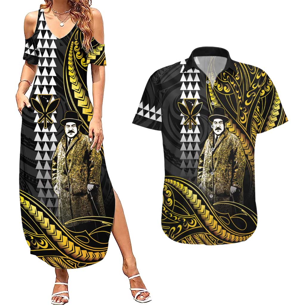 Hawaii Kuhio The Citizen Prince Couples Matching Summer Maxi Dress and Hawaiian Shirt Gold Polynesian Tribal Tattoo