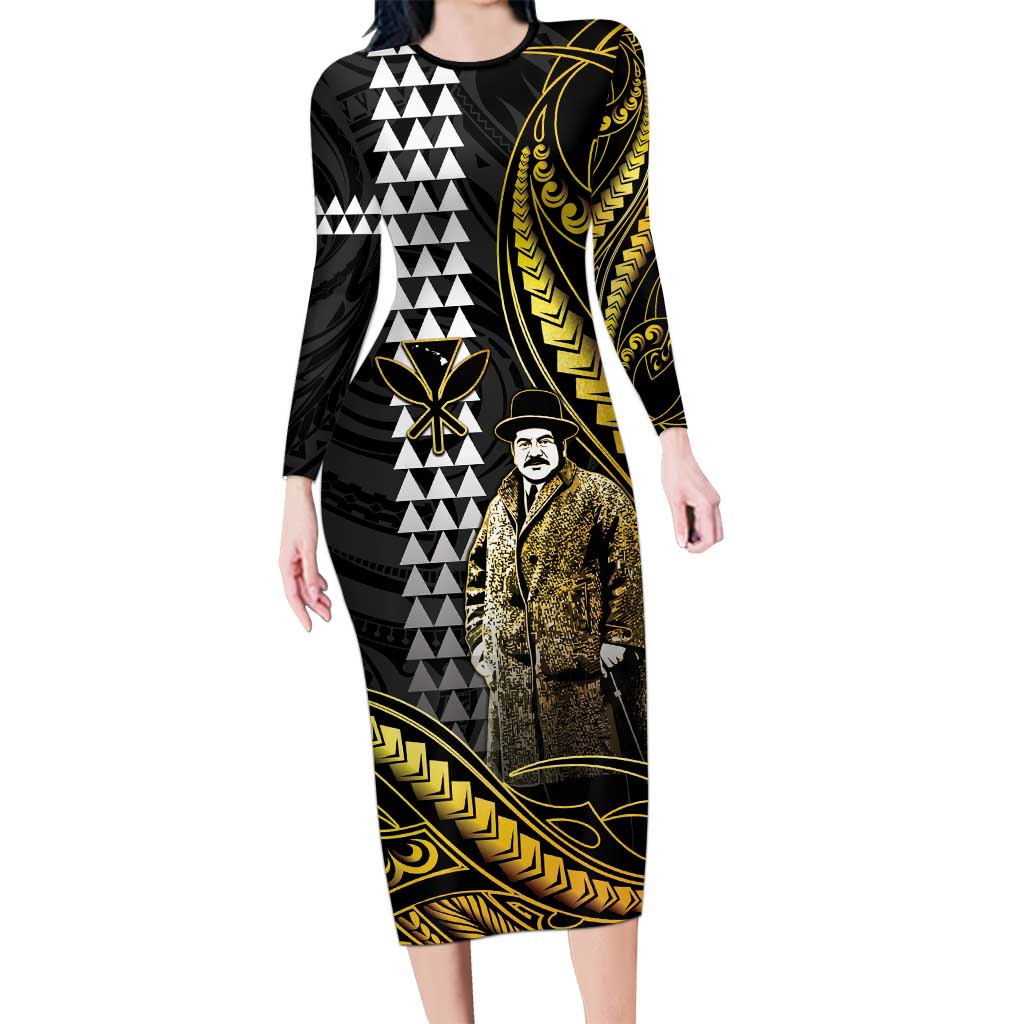 Hawaii Kuhio The Citizen Prince Family Matching Long Sleeve Bodycon Dress and Hawaiian Shirt Gold Polynesian Tribal Tattoo
