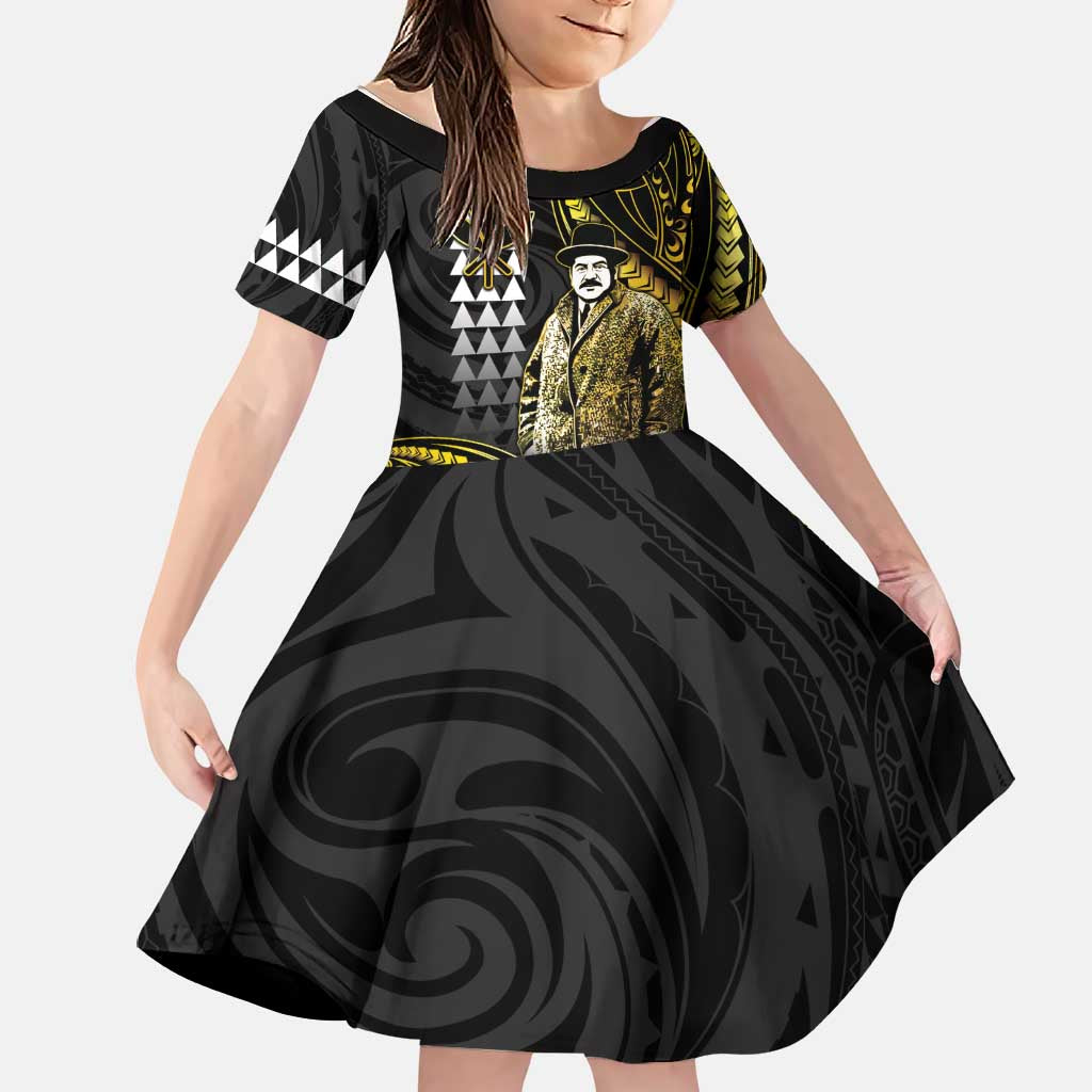 Hawaii Kuhio The Citizen Prince Family Matching Off The Shoulder Long Sleeve Dress and Hawaiian Shirt Gold Polynesian Tribal Tattoo