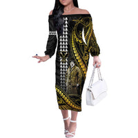 Hawaii Kuhio The Citizen Prince Family Matching Off The Shoulder Long Sleeve Dress and Hawaiian Shirt Gold Polynesian Tribal Tattoo