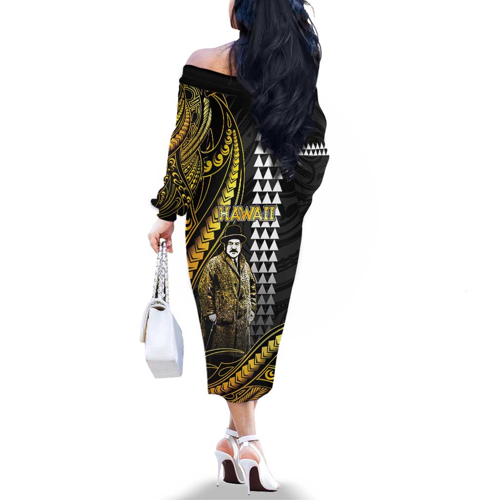 Hawaii Kuhio The Citizen Prince Family Matching Off The Shoulder Long Sleeve Dress and Hawaiian Shirt Gold Polynesian Tribal Tattoo
