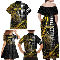 Hawaii Kuhio The Citizen Prince Family Matching Off Shoulder Maxi Dress and Hawaiian Shirt Gold Polynesian Tribal Tattoo