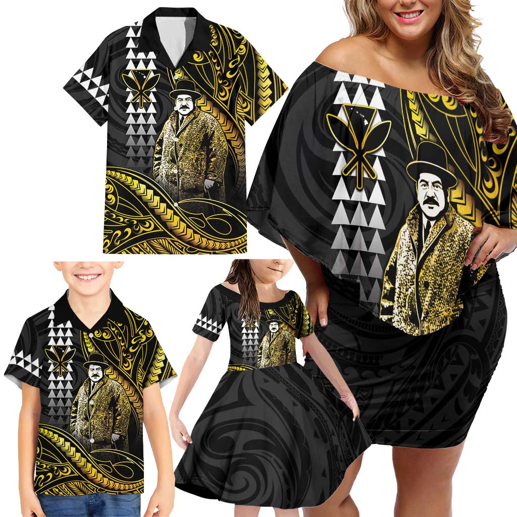 Hawaii Kuhio The Citizen Prince Family Matching Off Shoulder Short Dress and Hawaiian Shirt Gold Polynesian Tribal Tattoo LT05 - Polynesian Pride