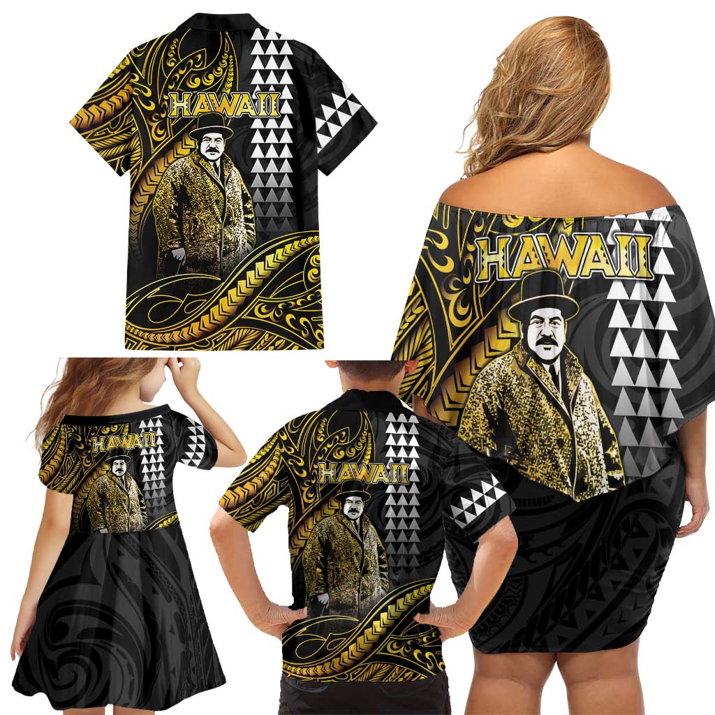 Hawaii Kuhio The Citizen Prince Family Matching Off Shoulder Short Dress and Hawaiian Shirt Gold Polynesian Tribal Tattoo