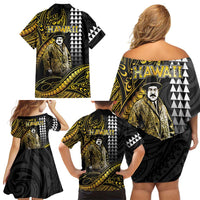 Hawaii Kuhio The Citizen Prince Family Matching Off Shoulder Short Dress and Hawaiian Shirt Gold Polynesian Tribal Tattoo