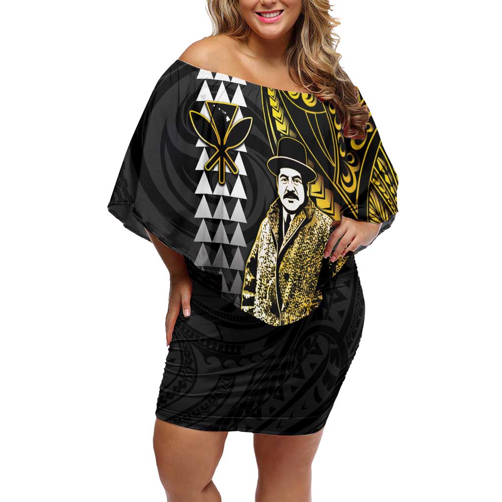 Hawaii Kuhio The Citizen Prince Family Matching Off Shoulder Short Dress and Hawaiian Shirt Gold Polynesian Tribal Tattoo