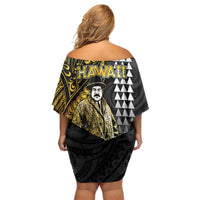 Hawaii Kuhio The Citizen Prince Family Matching Off Shoulder Short Dress and Hawaiian Shirt Gold Polynesian Tribal Tattoo