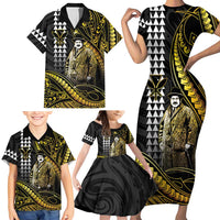 Hawaii Kuhio The Citizen Prince Family Matching Short Sleeve Bodycon Dress and Hawaiian Shirt Gold Polynesian Tribal Tattoo