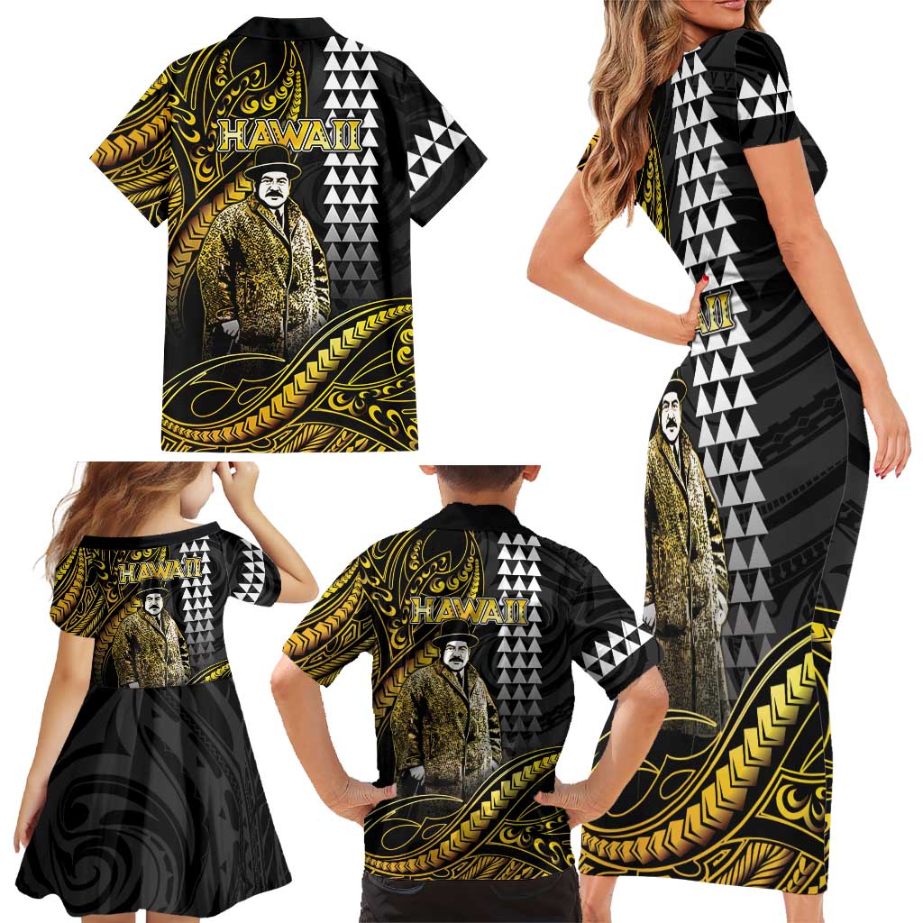 Hawaii Kuhio The Citizen Prince Family Matching Short Sleeve Bodycon Dress and Hawaiian Shirt Gold Polynesian Tribal Tattoo