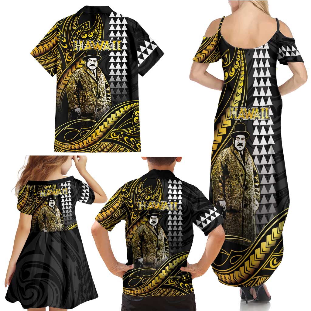 Hawaii Kuhio The Citizen Prince Family Matching Summer Maxi Dress and Hawaiian Shirt Gold Polynesian Tribal Tattoo