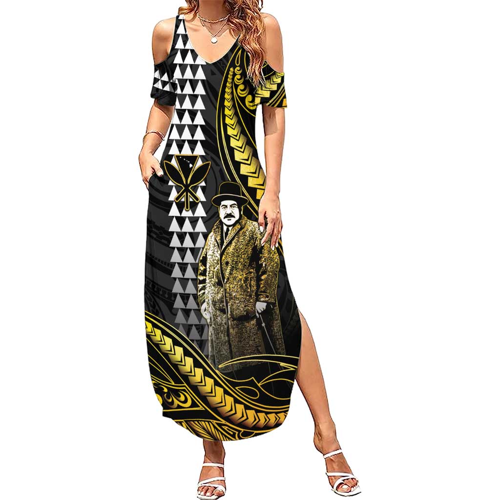 Hawaii Kuhio The Citizen Prince Family Matching Summer Maxi Dress and Hawaiian Shirt Gold Polynesian Tribal Tattoo
