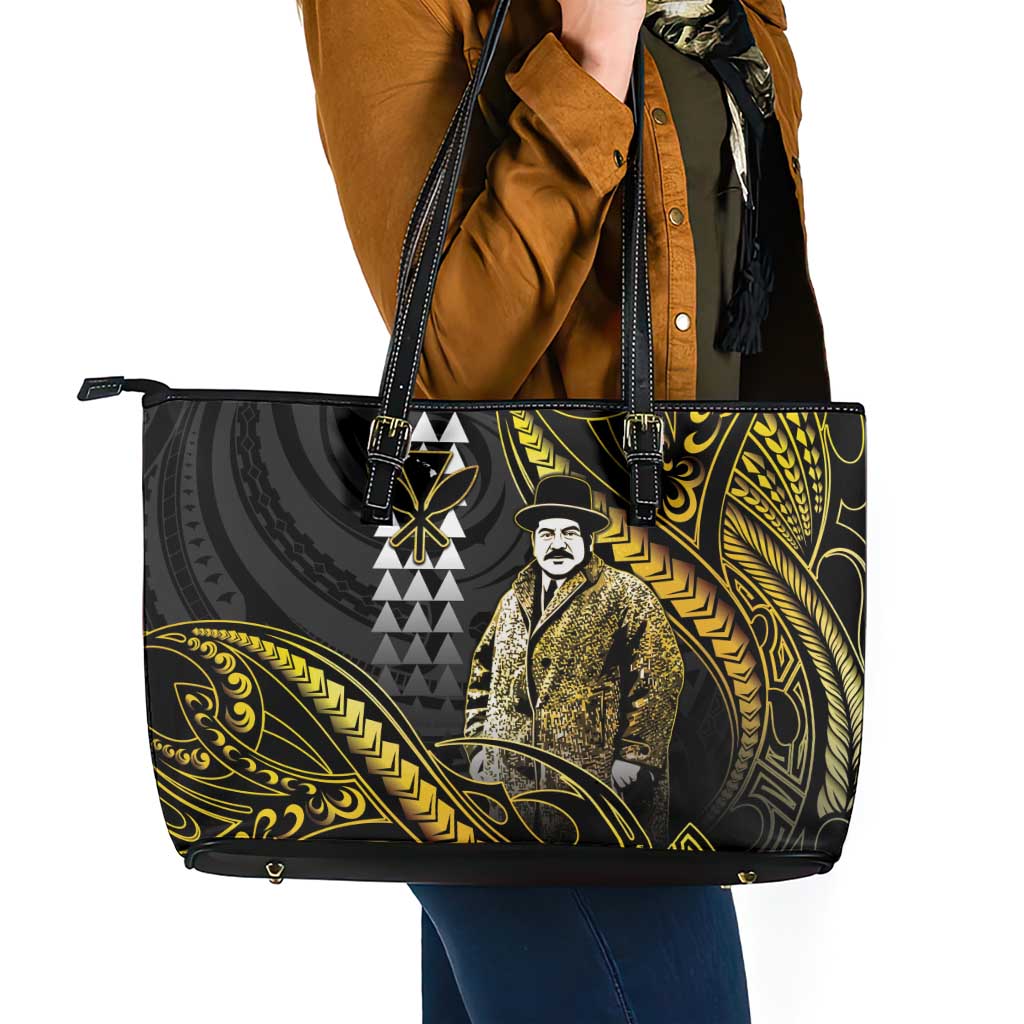 Hawaii Kuhio The Citizen Prince Leather Tote Bag Gold Polynesian Tribal Tattoo LT05 - Polynesian Pride