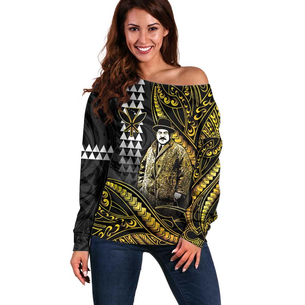Hawaii Kuhio The Citizen Prince Off Shoulder Sweater Gold Polynesian Tribal Tattoo LT05 Women Gold - Polynesian Pride