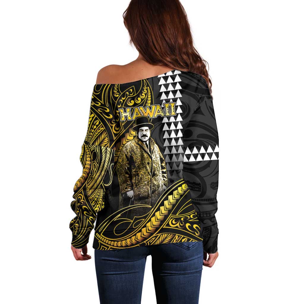 Hawaii Kuhio The Citizen Prince Off Shoulder Sweater Gold Polynesian Tribal Tattoo LT05 - Polynesian Pride