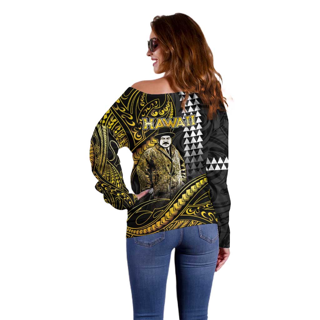 Hawaii Kuhio The Citizen Prince Off Shoulder Sweater Gold Polynesian Tribal Tattoo LT05 - Polynesian Pride