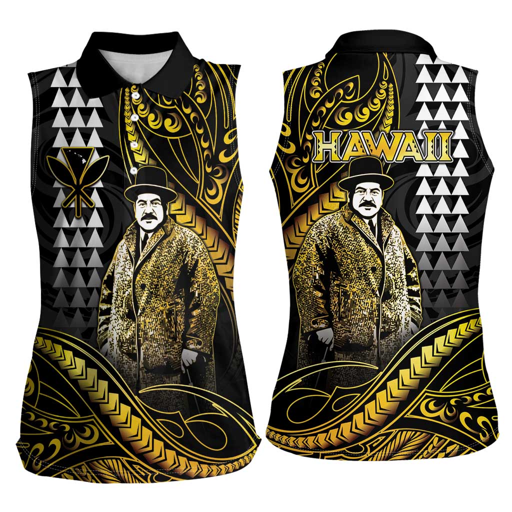 Hawaii Kuhio The Citizen Prince Women Sleeveless Polo Shirt Gold Polynesian Tribal Tattoo