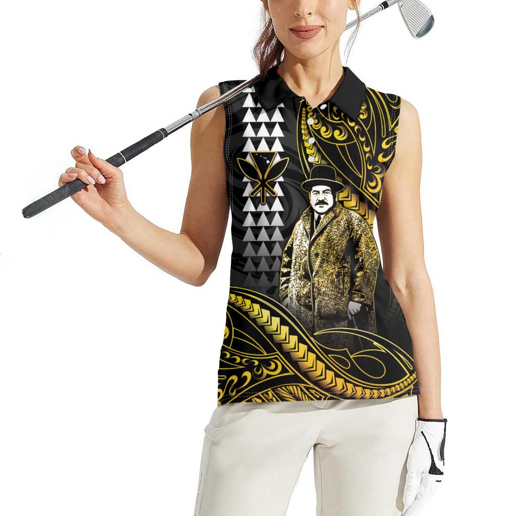Hawaii Kuhio The Citizen Prince Women Sleeveless Polo Shirt Gold Polynesian Tribal Tattoo